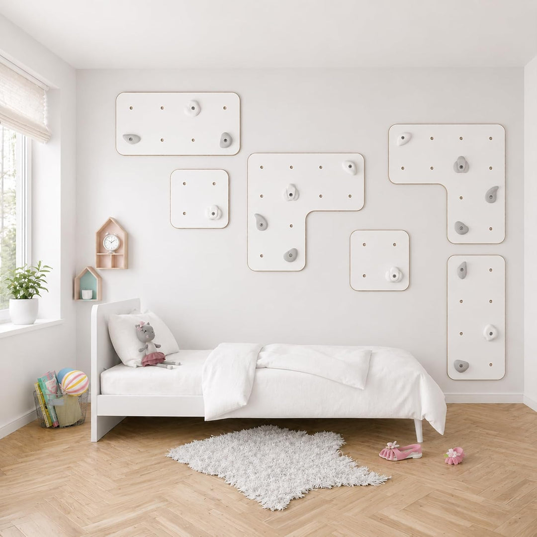 MAMOI® Indoor-Kletterwand mit Griffen, Moderne Kletterwand für das Zimmer, weisse Holzwerkstoffplatt
