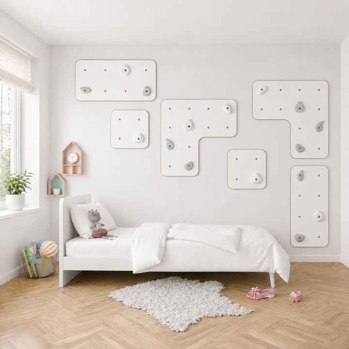 MAMOI® Indoor-Kletterwand mit Griffen, Moderne Kletterwand für das Zimmer, weisse Holzwerkstoffplatt