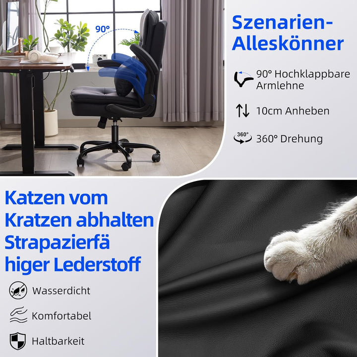 Bürostuhl Ergonomisch Schreibtischstuhl mit Hochklappbare Armlehne | Lordosenstütze, Bürostuhl 150kg