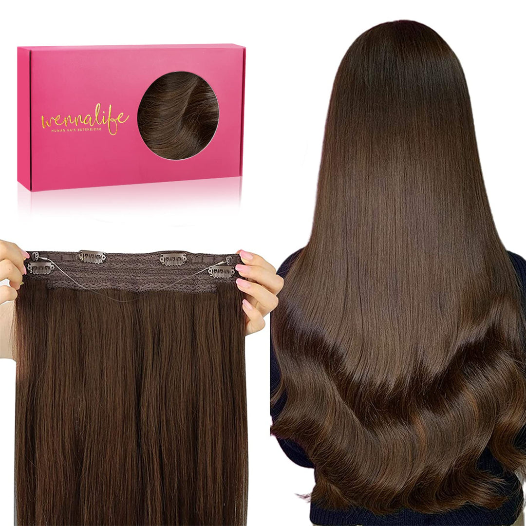 WENNALIFE Secret Hair Extensions Echthaar, 40cm 16 Inch 75g Schokoladenbraun Remy Haarverlängerung E