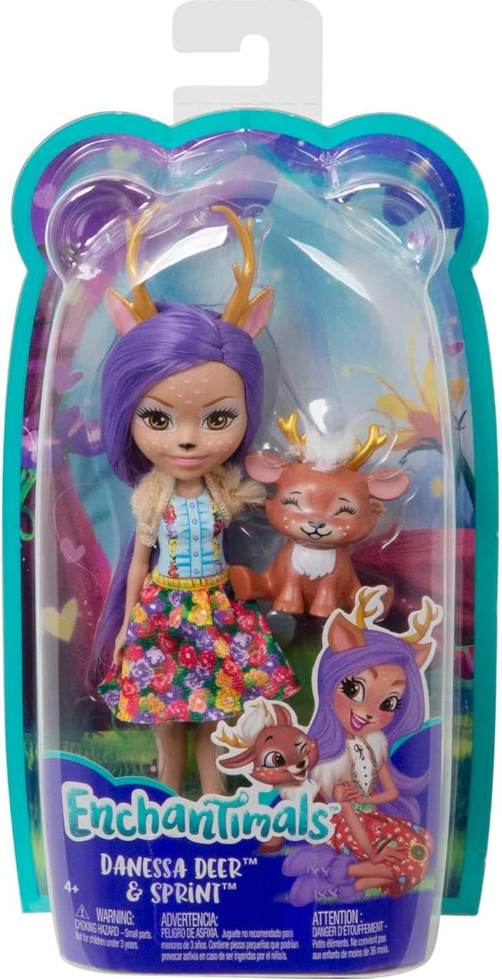 Enchantimals FXM75 - Danessa Deer Puppe & Sprint Figur, Puppe (15cm), Lange Violette Zöpfe, Tierohre