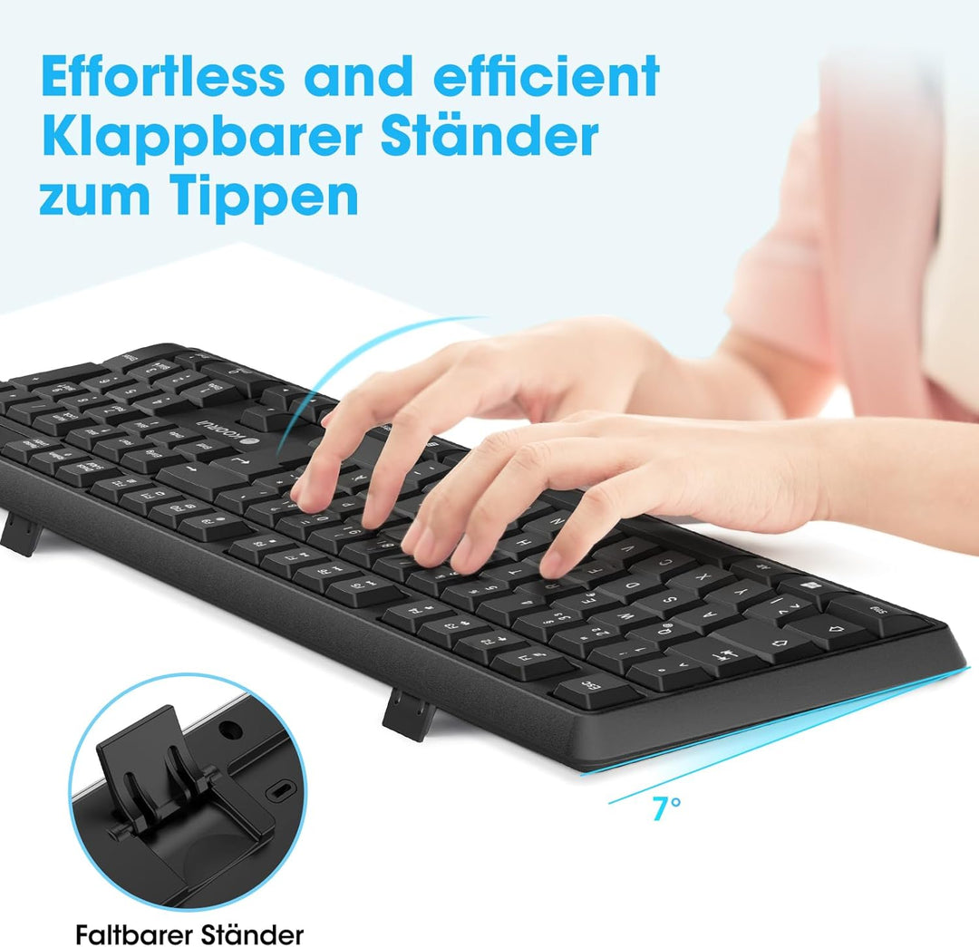 KOORUI Deutsches QWERTZ Tastatur-Maus-Set, 12 Funktionstasten, Schwarz Schwarz-Kabel Kabel, Schwarz-
