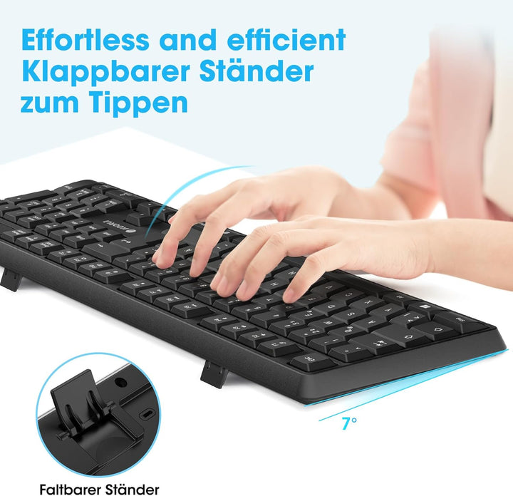 KOORUI Deutsches QWERTZ Tastatur-Maus-Set, 12 Funktionstasten, Schwarz Schwarz-Kabel Kabel, Schwarz-