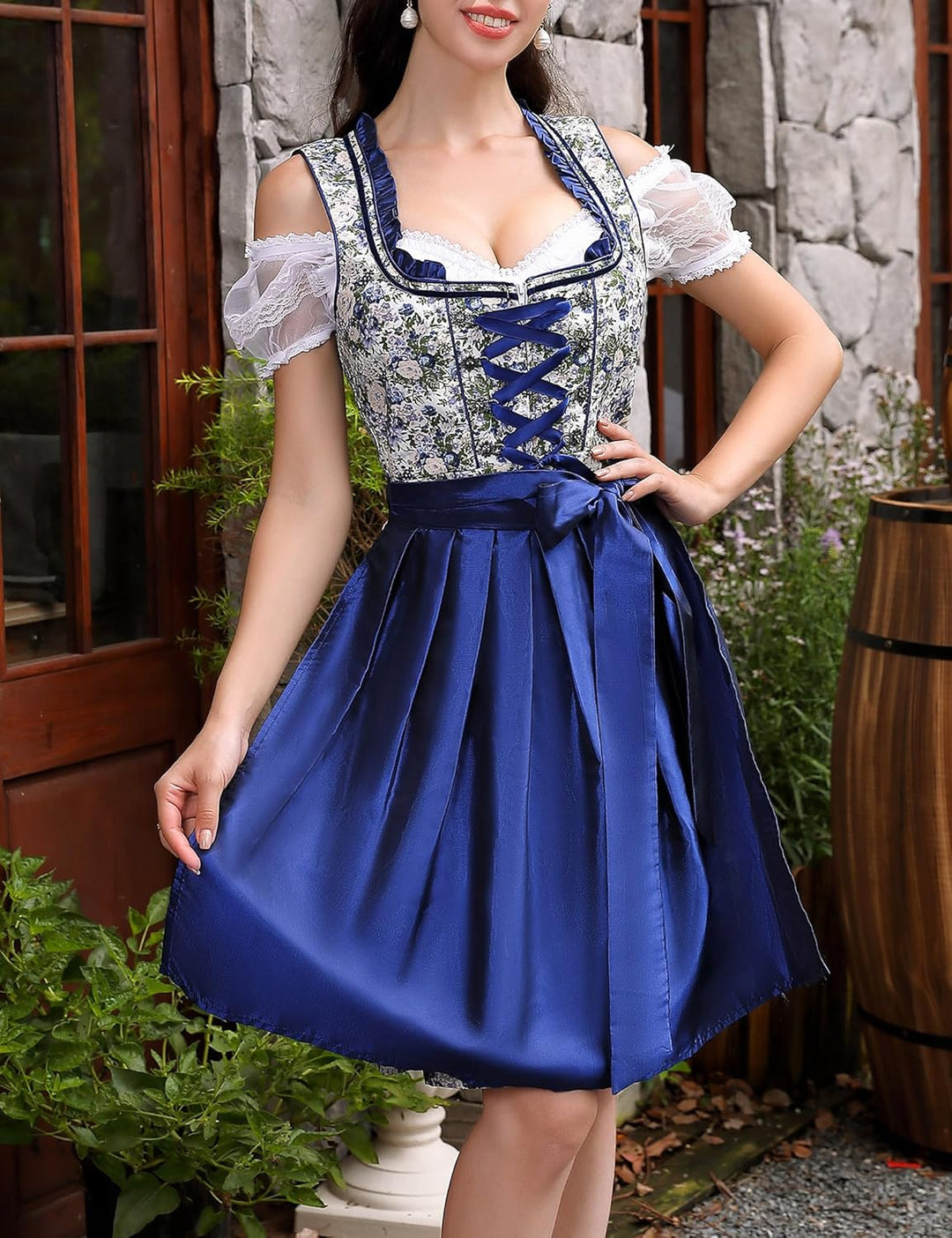 Clearlove Damen Dirndl midi 3tlg.Trachtenkleid für Oktoberfest,Karneval,DREI Teilig: Kleid, Bluse, S