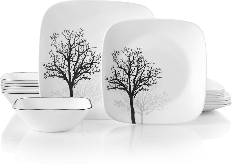 Corelle 18-piece Dinner Set, Timber Shadows, Black and White for 6, Chip Resistant Dinnerware, inclu