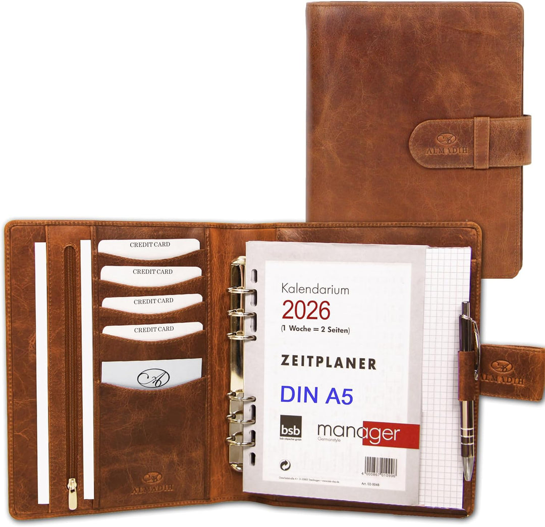 ALMADIH Leder A5 Terminplaner mit Kalender 2024 Schreibblock Premium Rindsleder BD Ledermappe Mappe