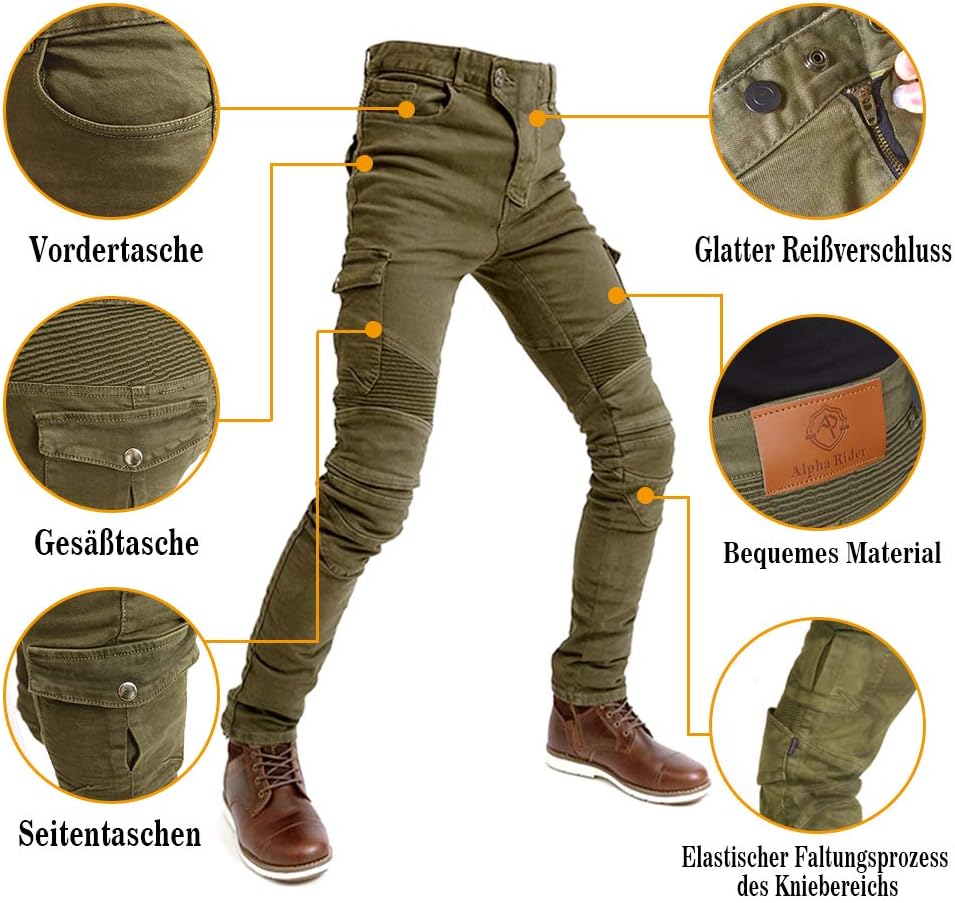 Alpha Rider Motorradhose Herren Jeans Textil Motorrad Hose mit Protektoren Armee Grün 3XL 3XL Grün,