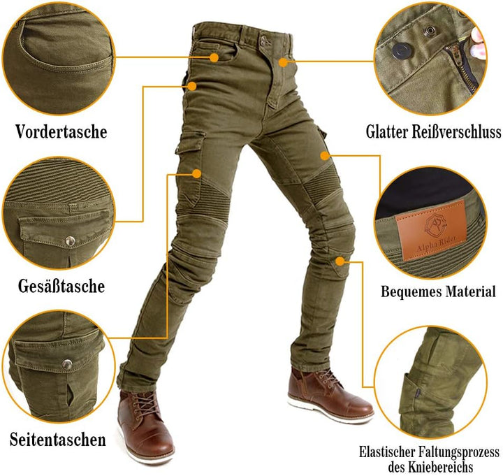 Alpha Rider Motorradhose Herren Jeans Textil Motorrad Hose mit Protektoren Armee Grün 3XL 3XL Grün,