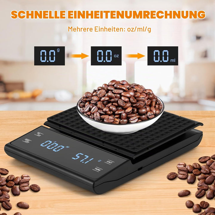 Kaffeewaage Digitale mit 3 AAA Batterie, Bis 3kg/0,1g, Batteriebetrieben Espresso Waage mit Timer, M