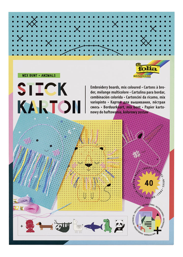 folia 2349 - Stickkarton "Animals", 300g / m², weiss bedruckt, 17,5 x 24,5 cm, 40 Blatt, 8 Motive -