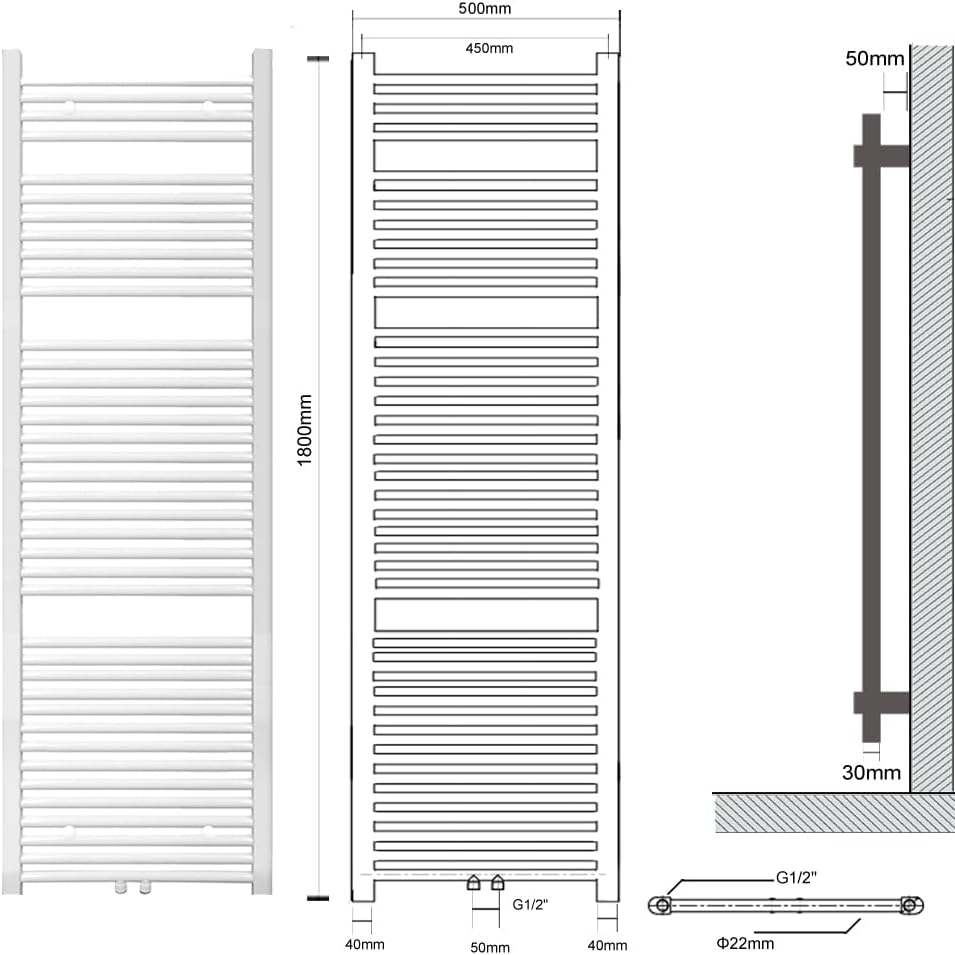 Badheizkörper 500x1800mm Weiss mittelanschluss Badheizkörper handtuchhalter Heizkörper Handtuchwärme