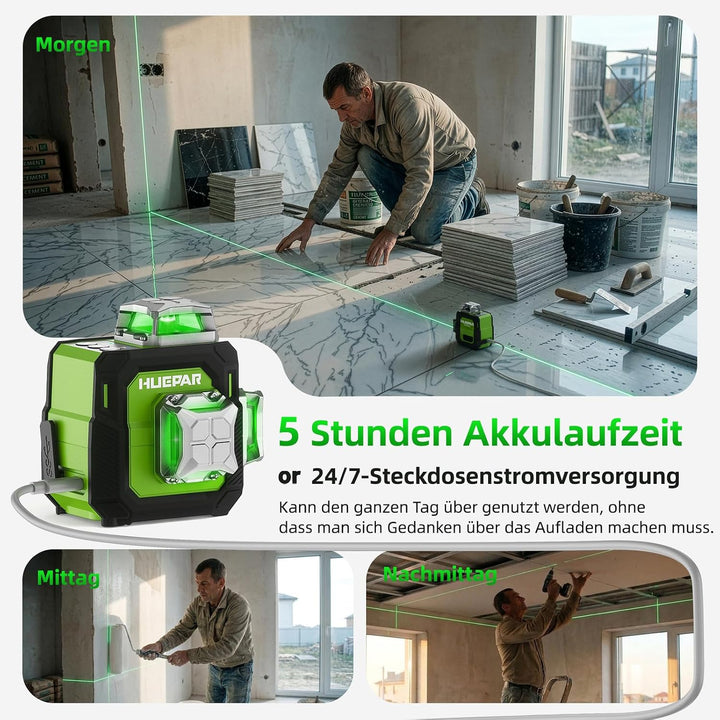 Huepar Kreuzlinienlaser 360 grün, Kompakt wiederaufladbar Laser Wasserwaage selbstnivellierendend 3x