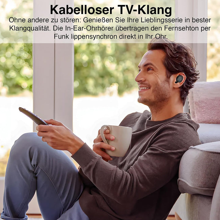 auvisio in Ear Ohrhörer: TV-Funk-Ohrhörer mit Transmitter-Ladebox, 2,4GHz, TOSLINK, AUX, Bypass (in-