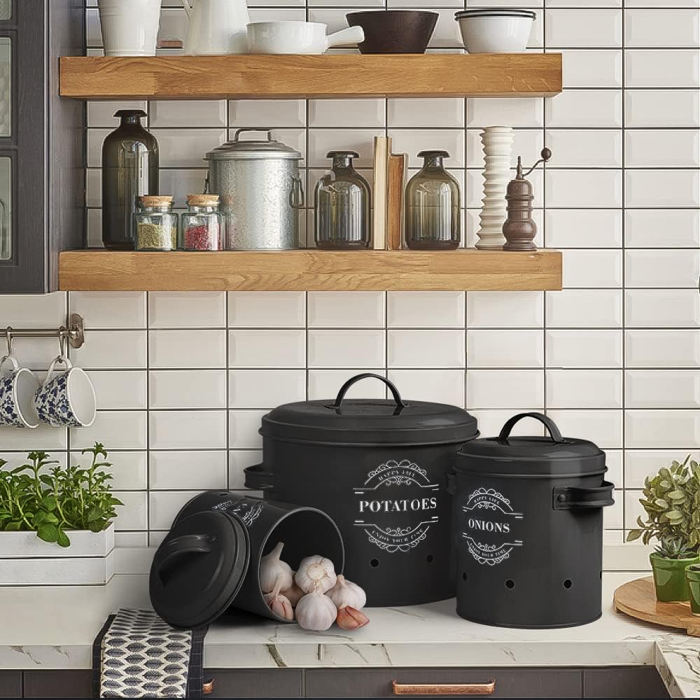 Virklyee Kartoffeltopf, Zwiebeltopf und Knoblauchtopf Belüftet Vorratsbehälter Set, Set of 3 Die per