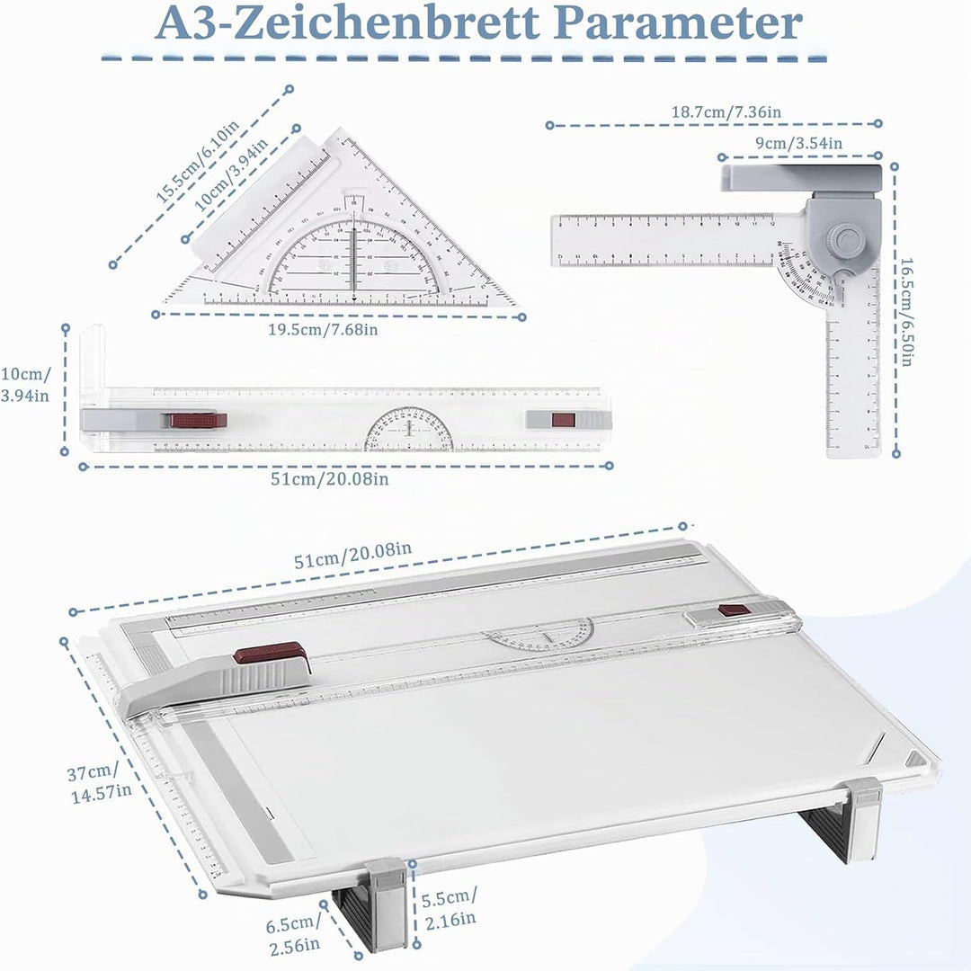 Zeichenbrett 51 x 37 cm, Zeichenplatte A3, Multifunktionales Technisches Zeichnen mit Parallelbewegu