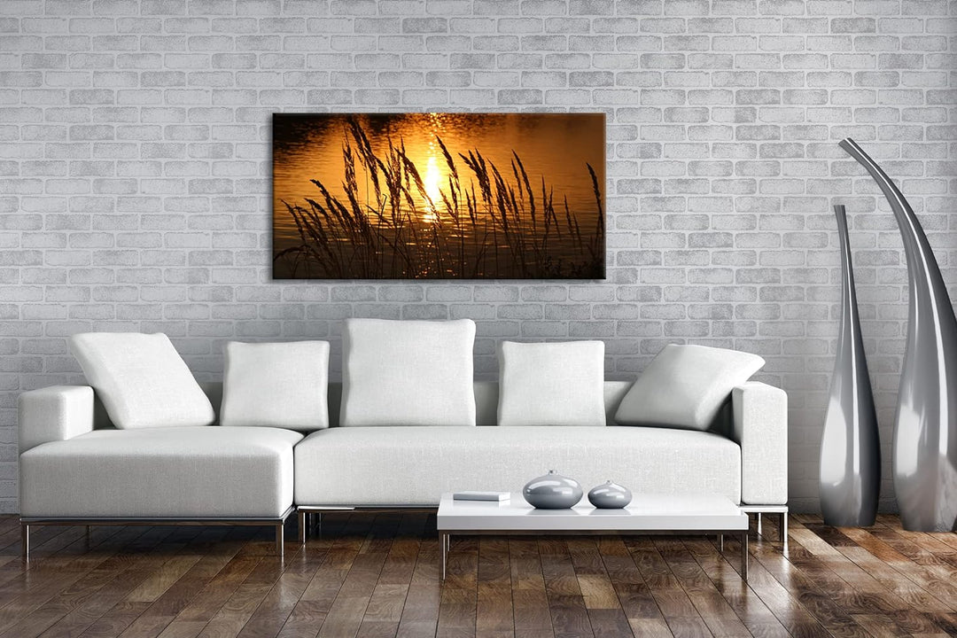 Gräser am Ufer eines Sees Panorama 100x50 cm als Leinwandbild, Motiv fertig gerahmt auf Echtholzrahm