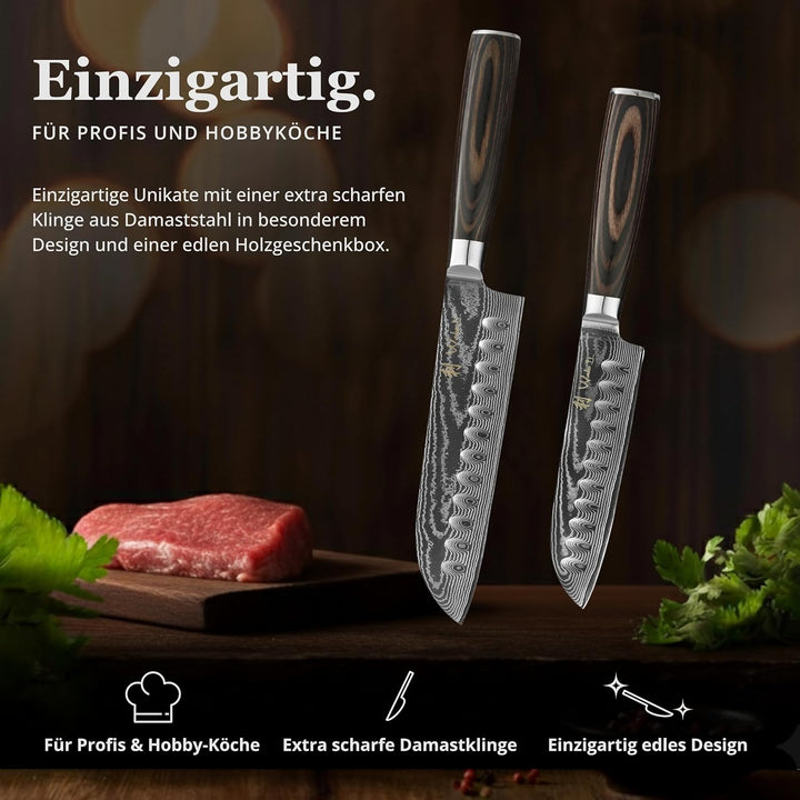 Wakoli EDIB Essentials 2er Damast Küchenmesser Set - 12cm & 18cm Santoku Messer aus 67 Lagen Damasts