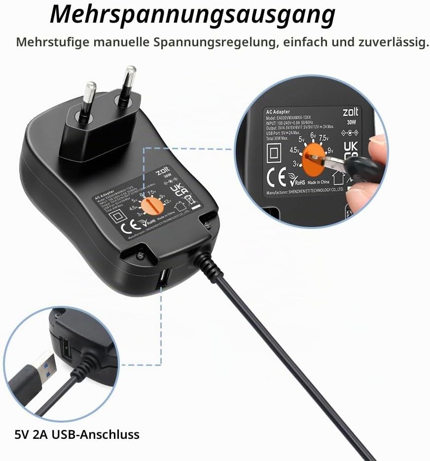 Zolt Universal AC zu DC 3V 4.5V 5V 6V 7.5V 9V 12V 2A Netzteil mit 5V 2A USB Port und 10 DC Steckern