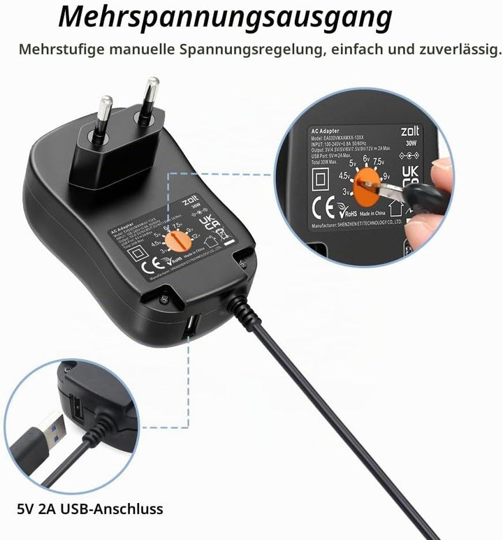 Zolt Universal AC zu DC 3V 4.5V 5V 6V 7.5V 9V 12V 2A Netzteil mit 5V 2A USB Port und 10 DC Steckern