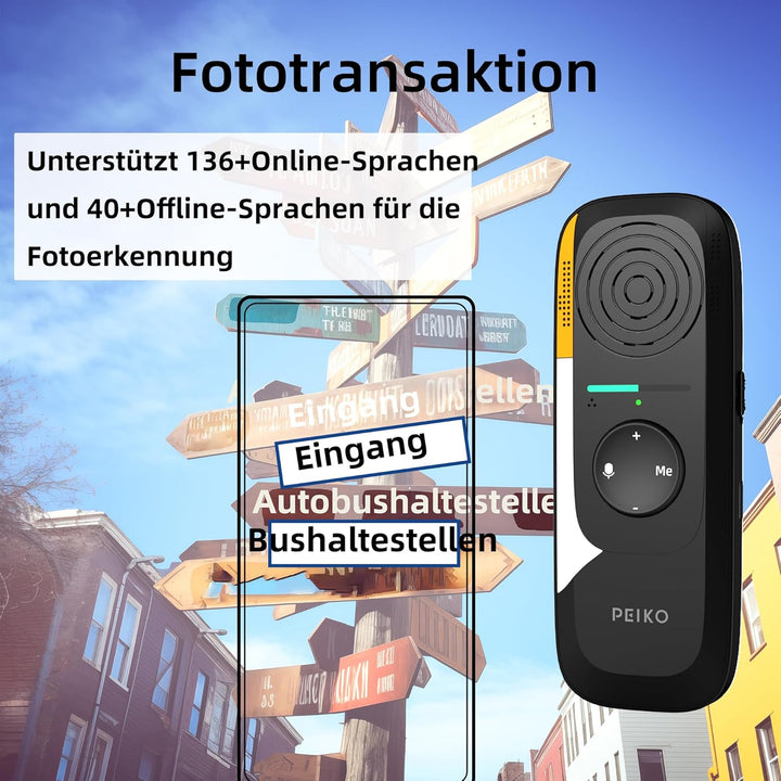 Peiko Sprachübersetzer Gerät – KI-Echtzeit-Übersetzer mit 75 Sprachen & 136 Akzenten, Zwei-Wege-Offl