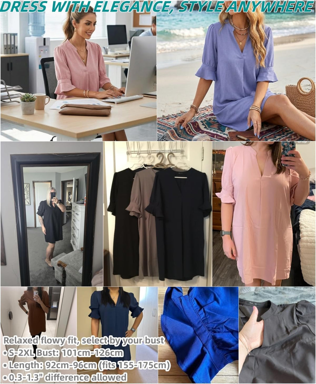 Famulily Frauen V-Ausschnitt Halbarm Hemdkleid Elegant Sommer Casual Einfarbig Kurzes Kleid S-XXL XL