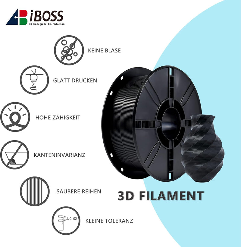 iBOSS PLA+ Filament 1.75mm Schwarz，PLA Plus 3D Druck Filament 3kg Reel PLA+ Filament Tolerance Accur