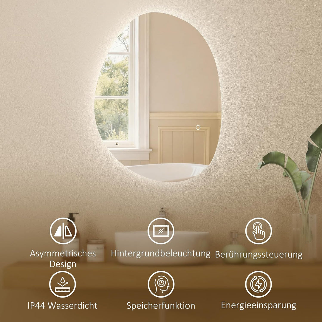 HOMCOM Badspiegel mit Beleuchtung 70 x 50 cm LED Badezimmerspiegel Dimmbar mit 3 Lichtfarben Touch-S