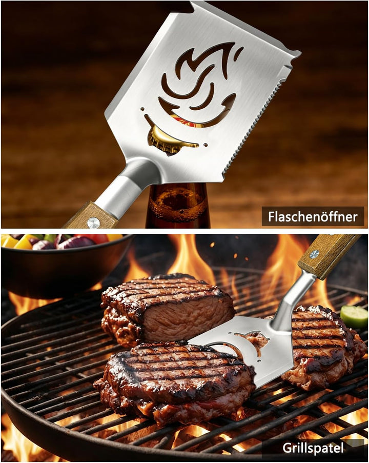 7-in-1 Grillspachtel mit Holzgriff, Multifunktion Grillwerkzeug für BBQ & Camping, Funktionen des Gr