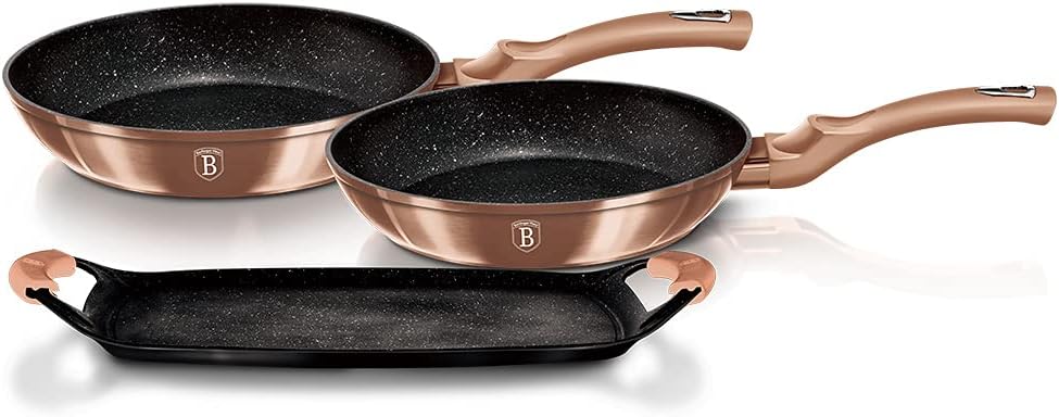 Berlinger Haus Rose Gold Set Bratpfannen Induktion 22-26cm, 1 Grillplatte 36x23cm Aluminium, Antihaf