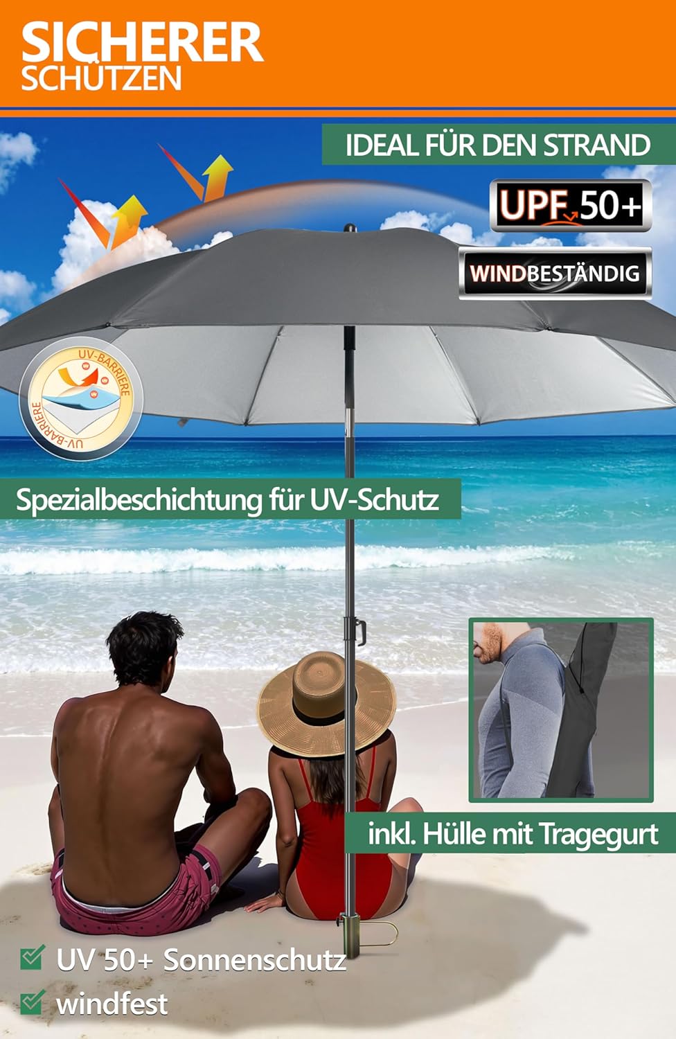 4smile SunnyJoy 3-IN-1 Set mit Sonnenschirm Strand in Anthrazit - Strandschirm windfest stabil 180 c