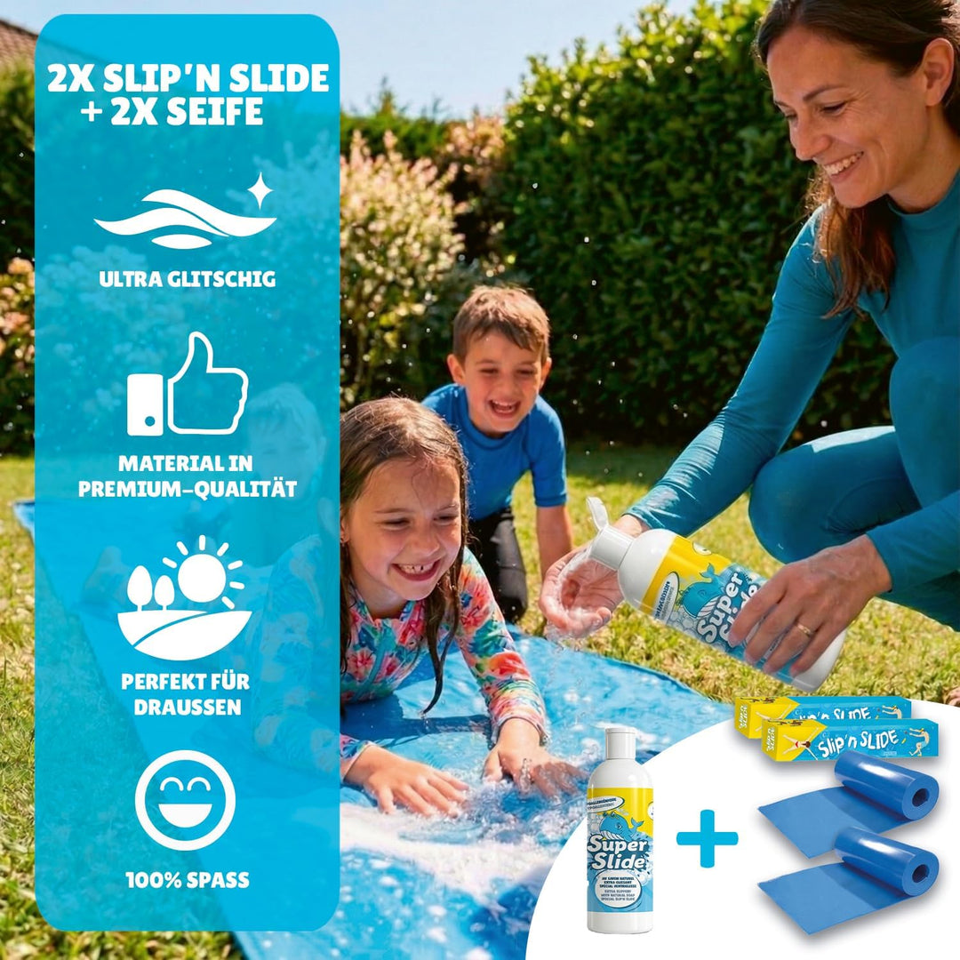 Slipn'Slide® 20 Meter XXL Pack | 2 Wasserrutschmatte 10 Meter + 1 Liter Extra-Rutsche 100% Naturseif