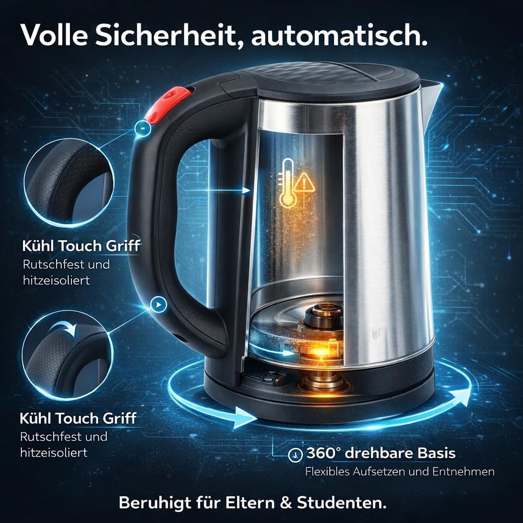 Wasserkocher Edelstahl 2,5 L Walfront mit Trockenlaufschutz und schnell kochend für Tee und Kaffee f