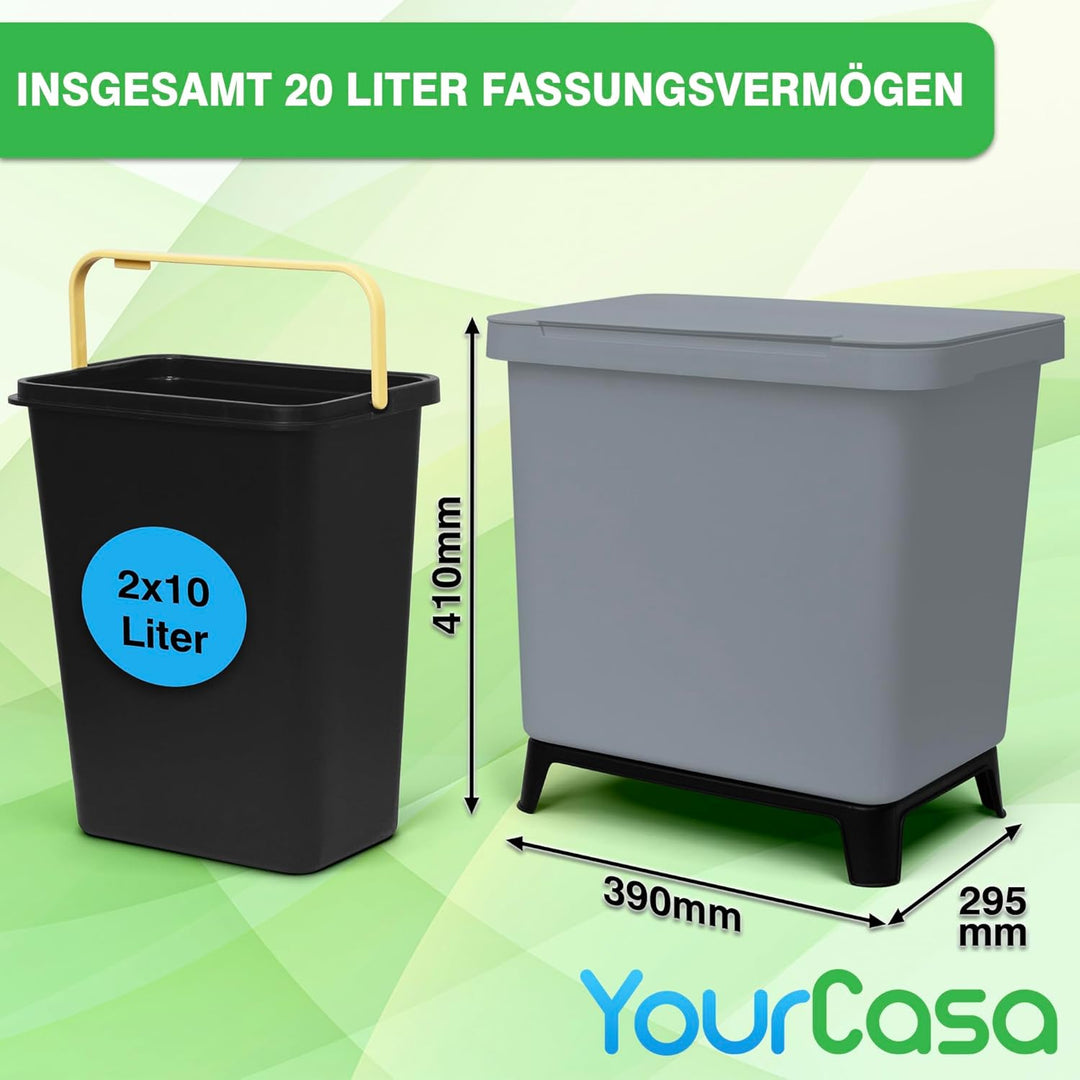 YourCasa® Mülleimer 2 Fächer [20L] im exklusiven Design Mülltrennsystem - Mülleimer Küche mit Deckel