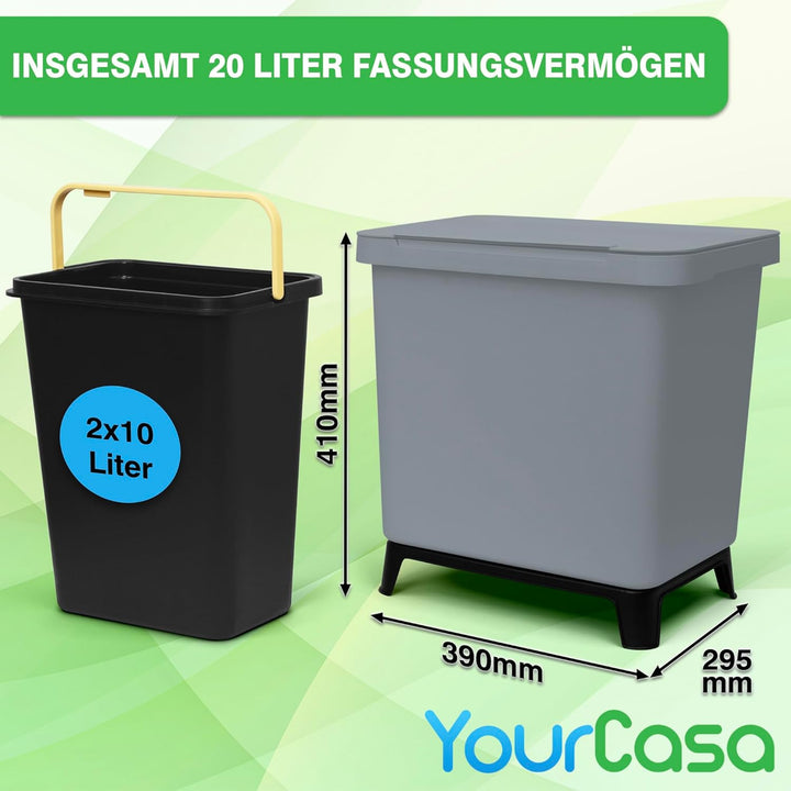 YourCasa® Mülleimer 2 Fächer [20L] im exklusiven Design Mülltrennsystem - Mülleimer Küche mit Deckel