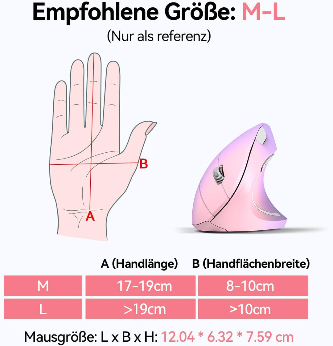 TECKNET Ergonomische Maus, Kabellose Bluetooth Vertikale Maus(BT 5.0+BT 3.0+2.4G), 6 Einstellstufen