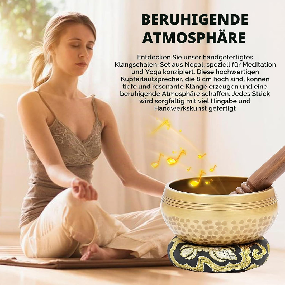 Tibetische Klangschalen Set, Handgehämmert in Nepal für Meditation, Singing Bowl mit Holz Klöppel Kl