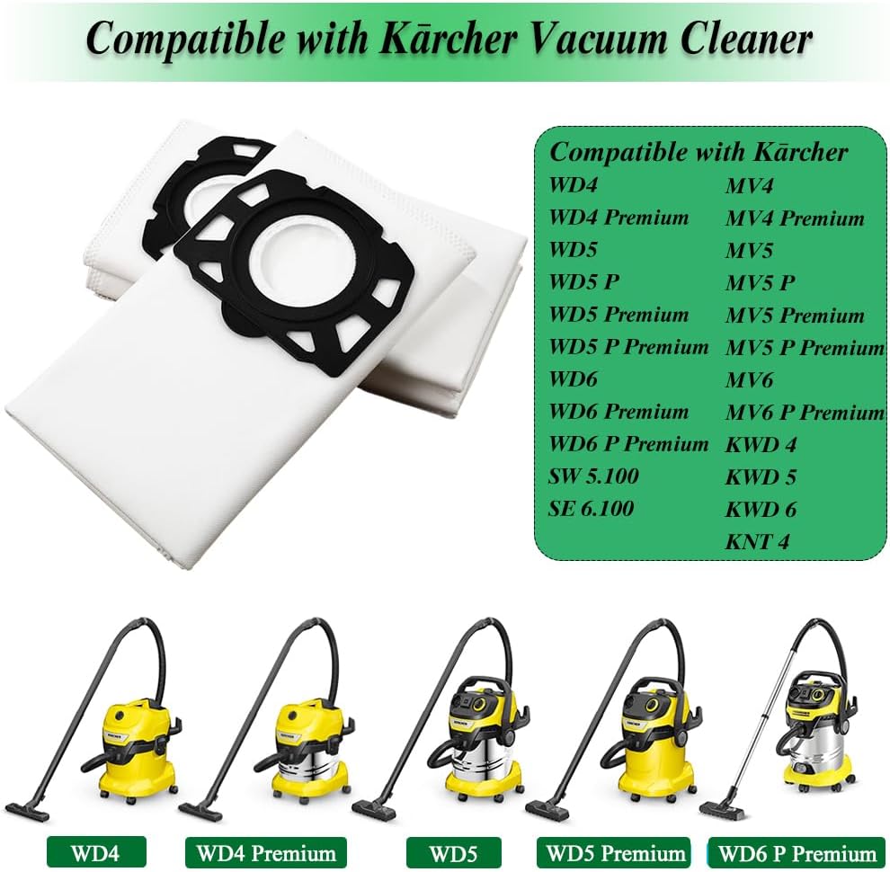 Ruucy 10 Staubsaugerbeutel für Kärcher WD5 WD4 WD6 MV4 MV5 MV6, Schmutzfangsack und Flachfaltenfilte