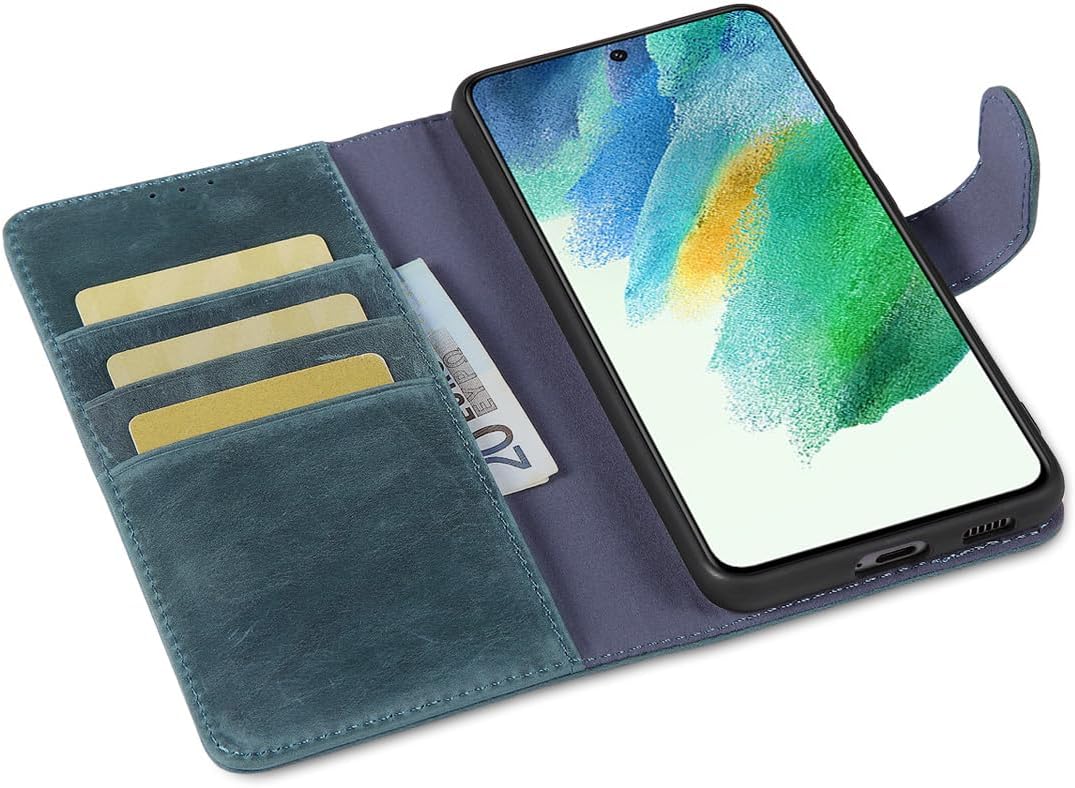 LENSUN Echtleder Hülle für Samsung Galaxy S21 FE 5G, Handyhülle Echt Leder [3 Kartenfächer][RFID Sch