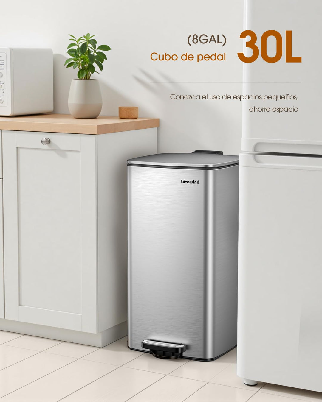 lovewind Küchenabfalleimer, 30L Silber Mülleimer Küche aus Edelstahl mit Pedal, mit Deckel und Innen