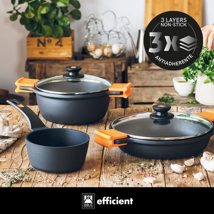 BRA Efficient Hoher Kochtopf mit Glasdeckel und Silikongriffen, Aluminium, schwarz, 20 cm, geeignet