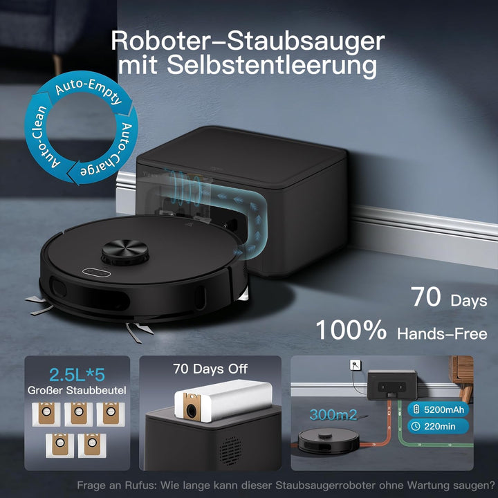 Saugroboter mit Wischfunktion, 8000Pa 200Min 70-Tage Freihändig Staubsauger Roboter mit Absaugstatio