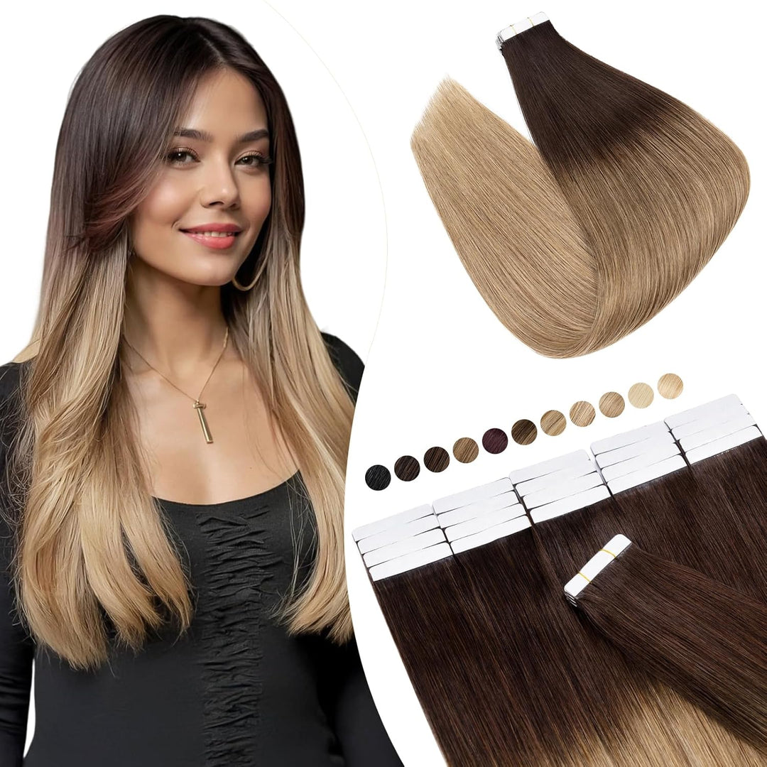 Elailite Tape in Extensions Echthaar 20 stück 40cm 50g Haarverlängerung Haarteil Echthaar #4T27 Mitt