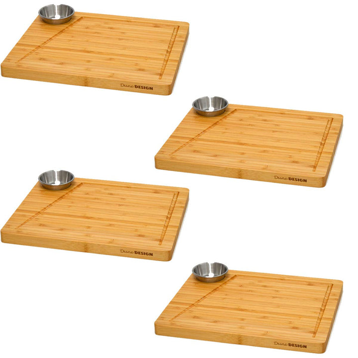 DuneDesign 4x Steakteller Holz mit Dipschalen - 30x25cm Bambus Teller Set - Grill Servierplatte Holz