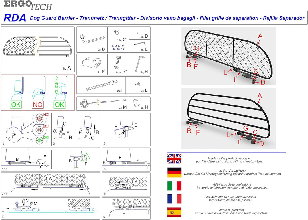 ERGOTECH Trennnetz Trenngitter kompatibel mit Hyundai i30 RDA65-XXS16, für Hunde und Gepäck. Sicher,