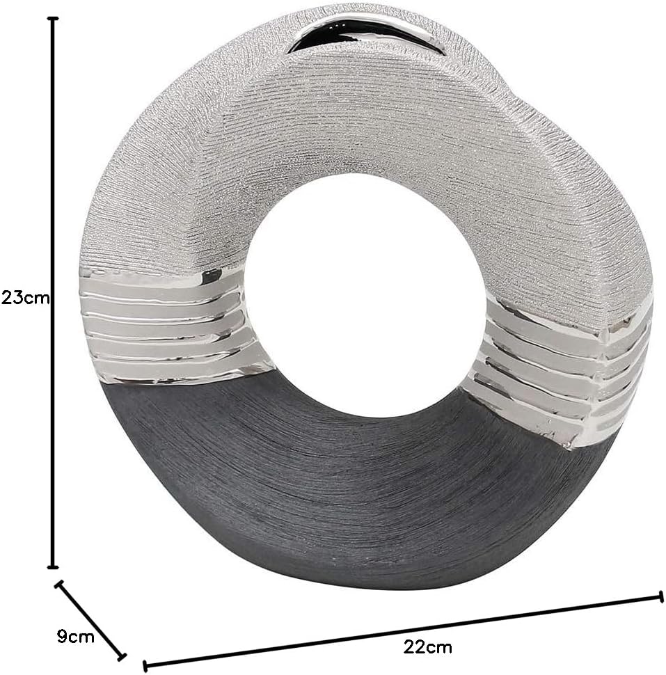Dekohelden24 Edle Moderne Deko Designer Keramik Vase rund geschwungen mit Loch in Silber-grau, 23 cm
