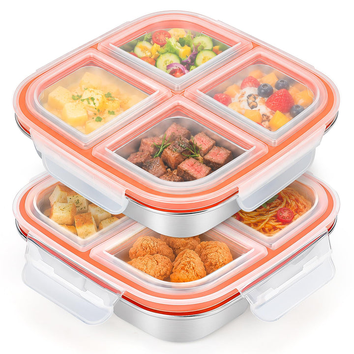 CSYY 2 Stück Edelstahl Snackboxen, 4 Fächern Lunchbox Wiederverwendbare Snack Behälter Leckdichte Be