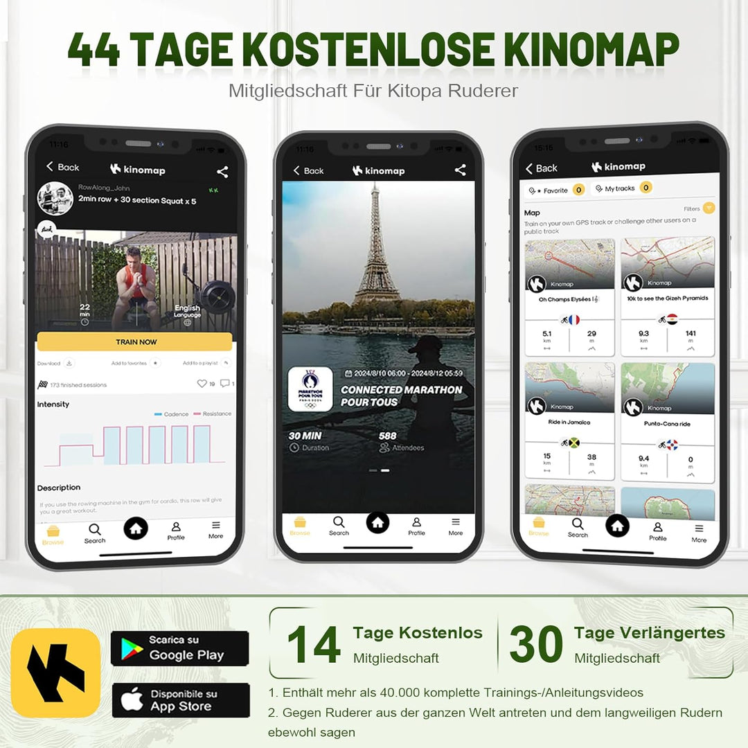 Kitopa Wasser Rudergerät Holz, Rudergerät für Zuhause klappbar mit 30 Tage Kinomap Mitgliedschaft, M