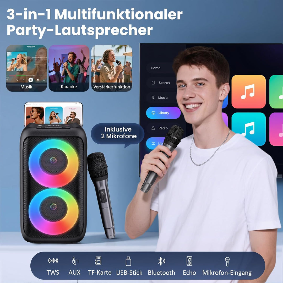 Partybox Bluetooth Party Lautsprecher mit 2 kabellosen Mikrofonen: 3-in-1 tragbare Musikbox für Gebu
