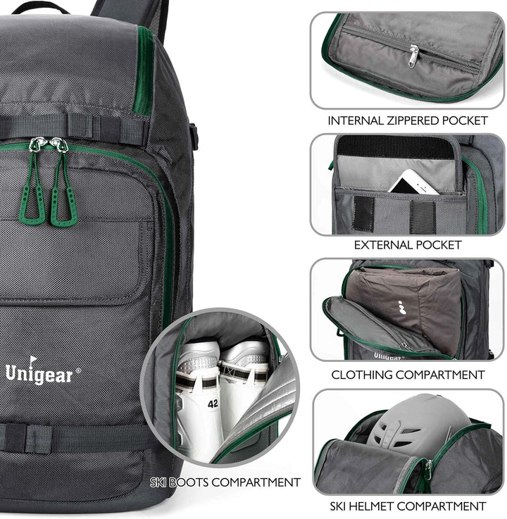 Unigear Skischuhtasche mit Helmfach und Rucksackgurten, Skirucksack Skischuhrucksack mit Helmtasche,
