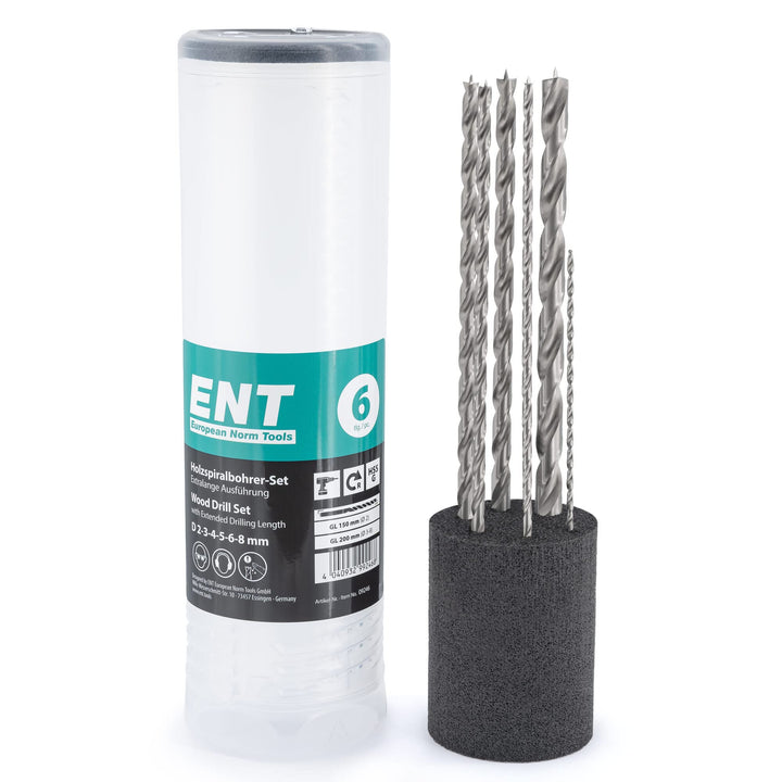 ENT 09246 6-tlg. Holzbohrer-Set HSS-G, Ø 2-8 mm, Nutzlänge 100/135 mm, Gesamtlänge 150/200 mm 6-tlg.